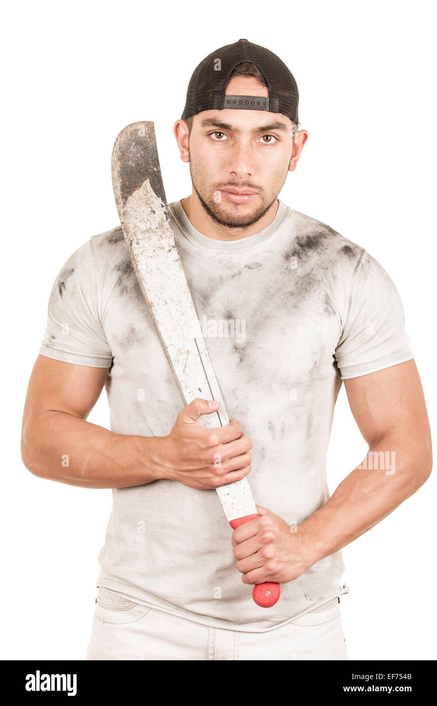 young muscular latin construction worker Stock Photo