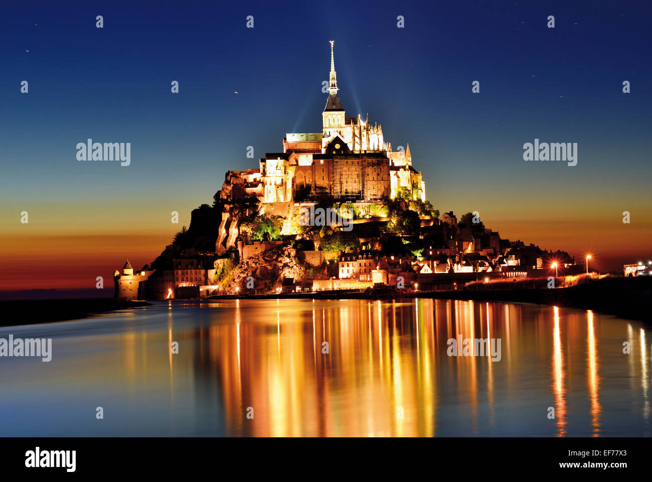 France, Normandy: Scenic view of Le Mont St. Michel by night Stock Photo