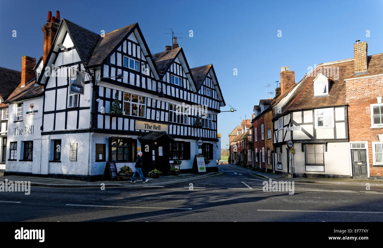The Bell Hotel dating from 1696 is opposite Tewkesbury Abbey, the second largest parish church in England Stock Photo