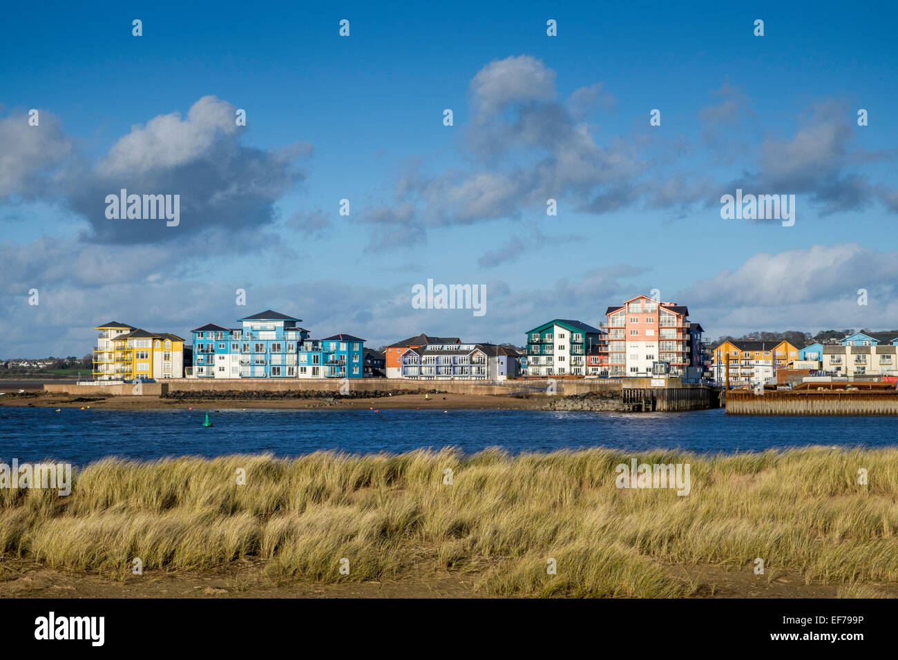 Modern apartments on Exmouth marina viewed accross the Exe estuary from