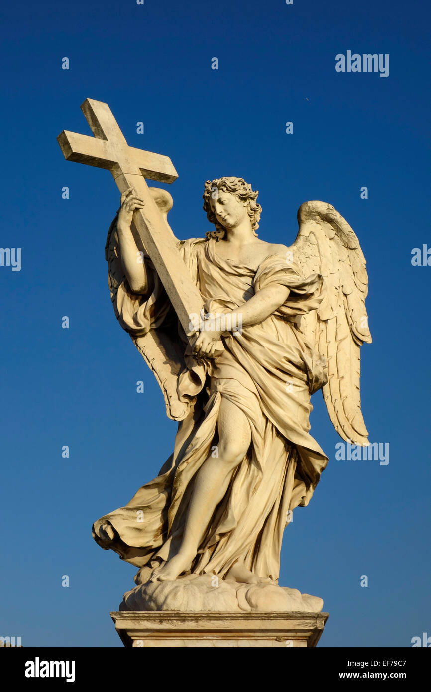 Angel with the Cross (Ercole Ferrata) Sculpture on Ponte Sant'Angelo Rome Italy Stock Photo