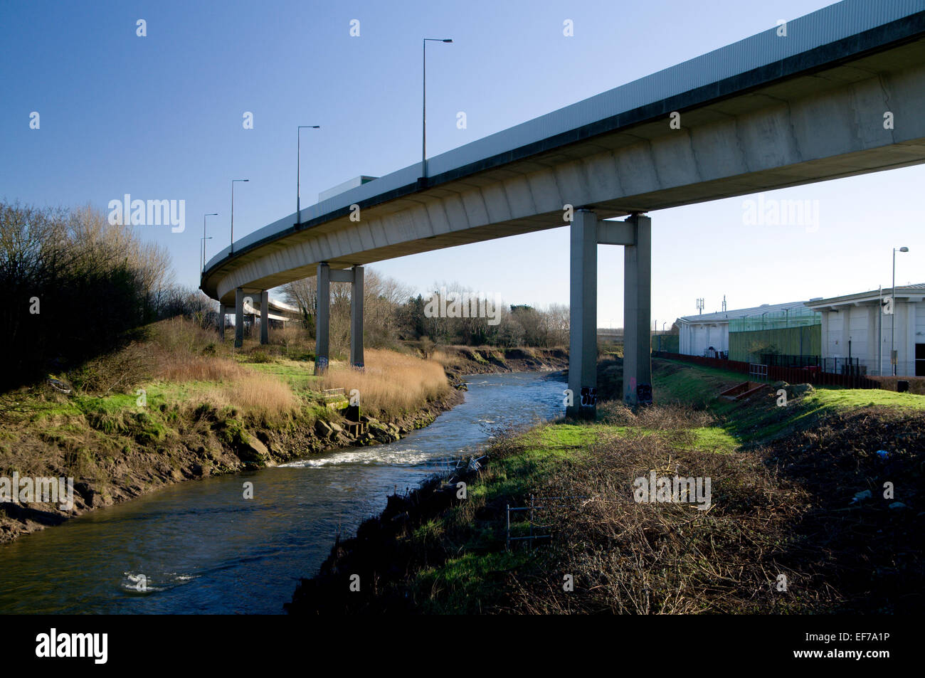 Bridge carrying Peripheral Distributor Road over river Rhymney, Rumney, Cardiff, Wales, UK. Stock Photo