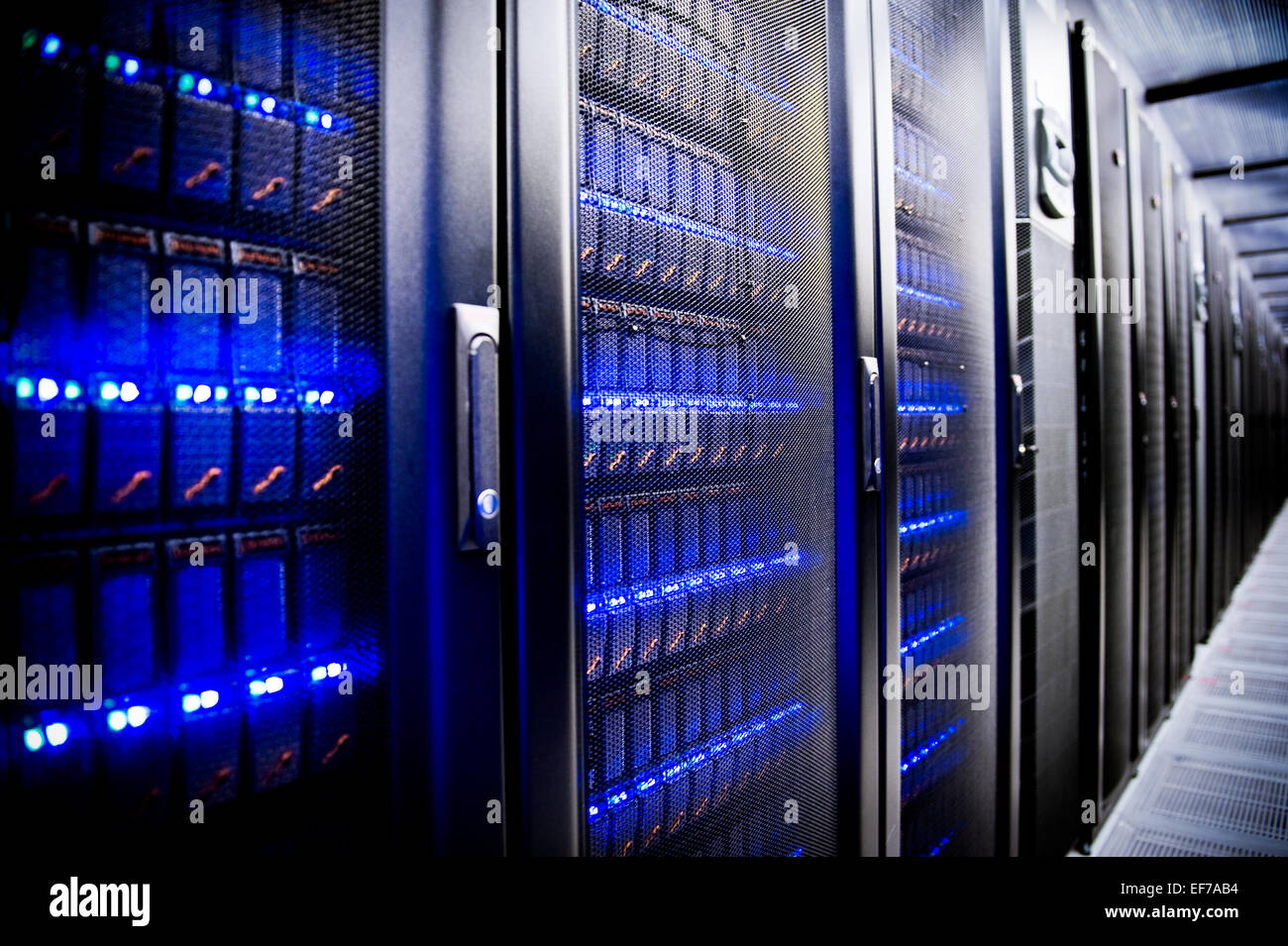 Banks of rack mounted computer servers at Rutherford Appleton Laboratories, Harwell, Oxfordshire, UK Stock Photo