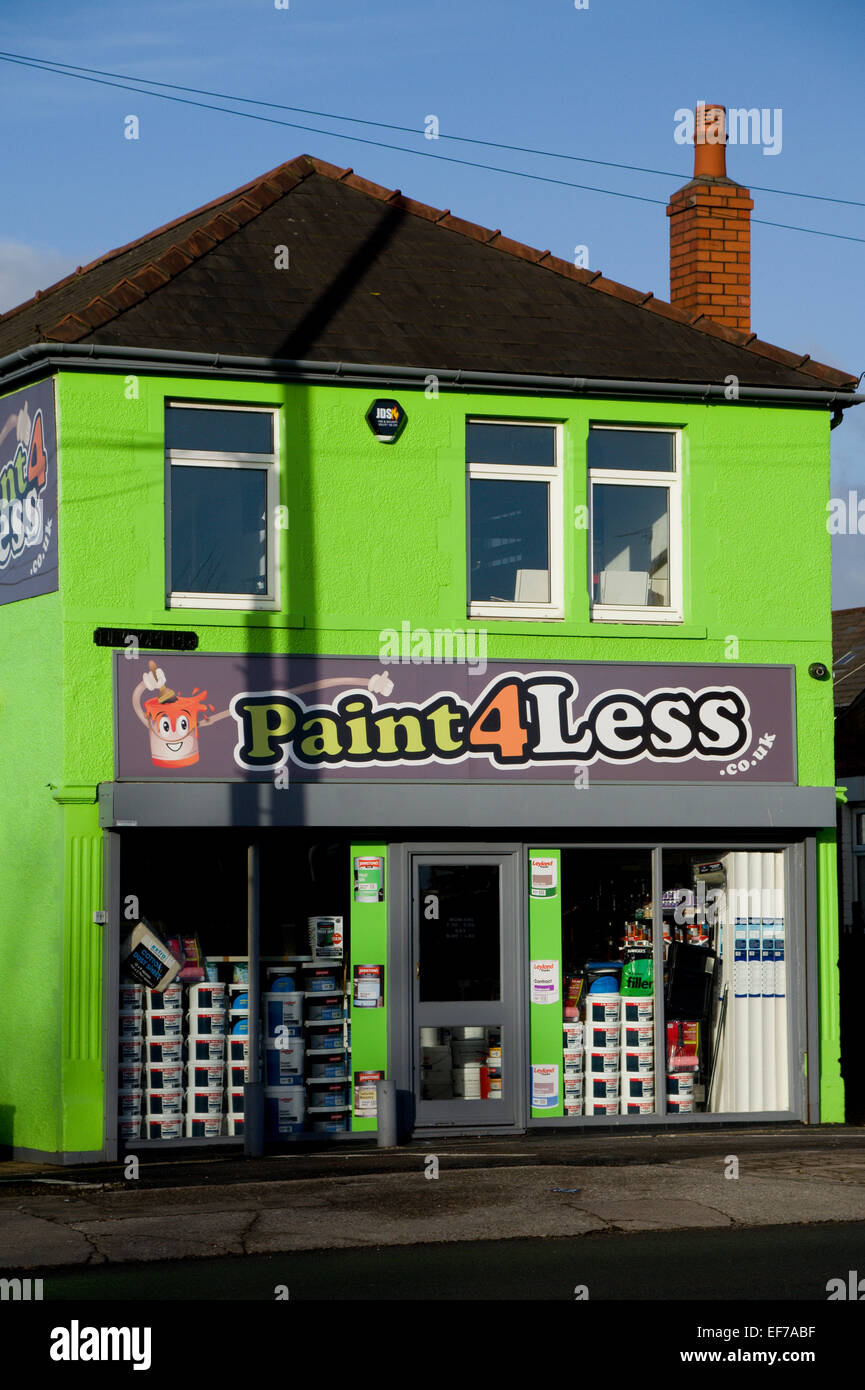 Paint for Less discount paint shop, Rumney Hill, Cardiff, Wales. Stock Photo