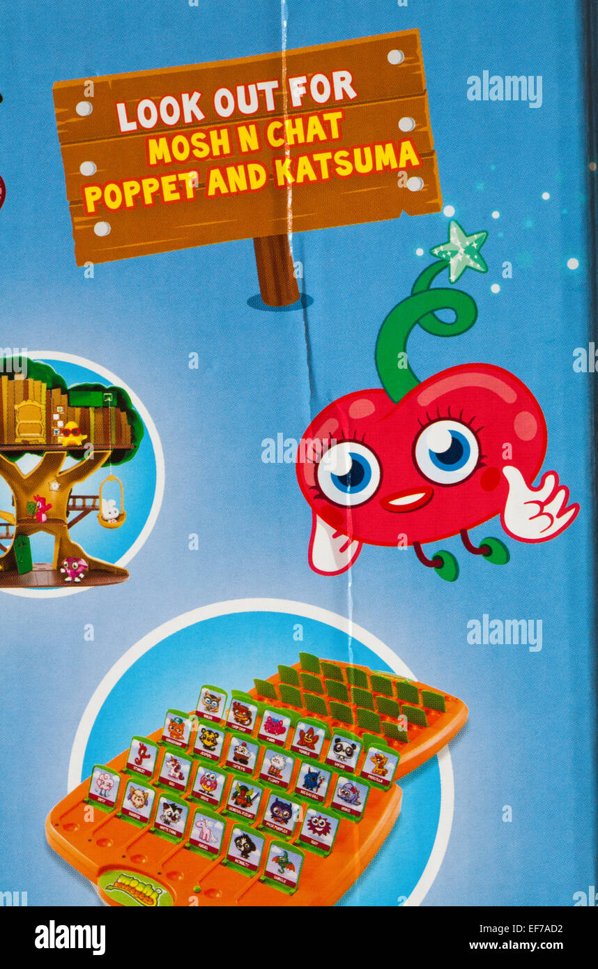 detail on back of Moshi monsters mega moshling jigsaw puzzle box - look out for mosh n chat poppet and katsuma Stock Photo