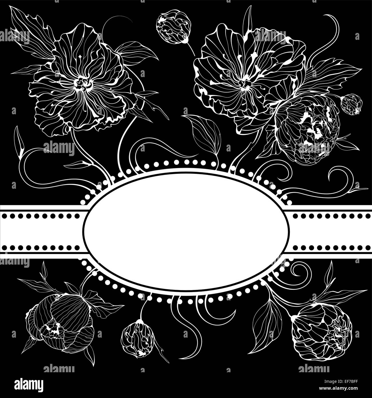 Vector black and white background (invitation) with gentle peony flowers Stock Vector