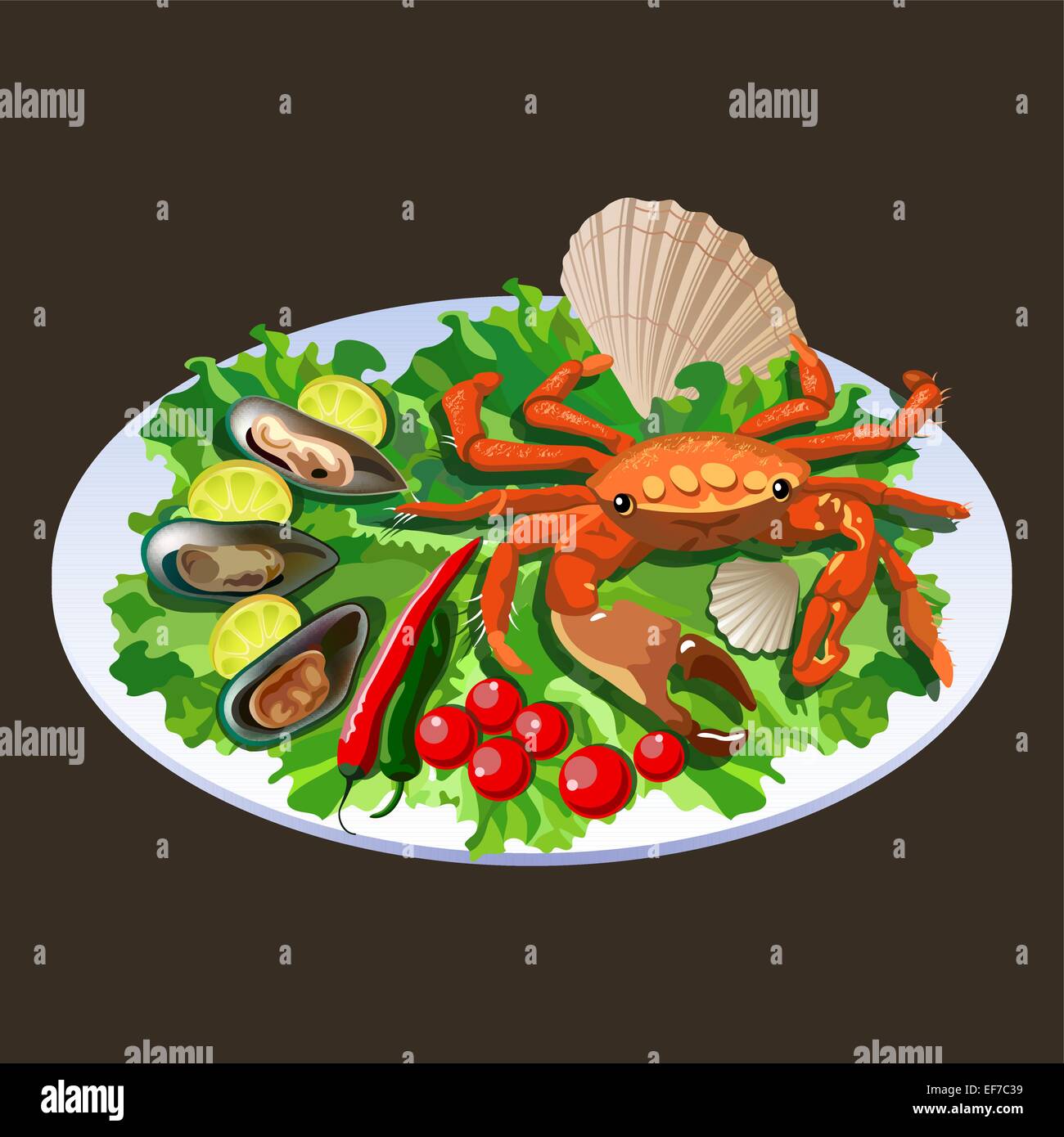 Crab in the dish with salad, tomatos and molluscs with lemon slices Stock Vector