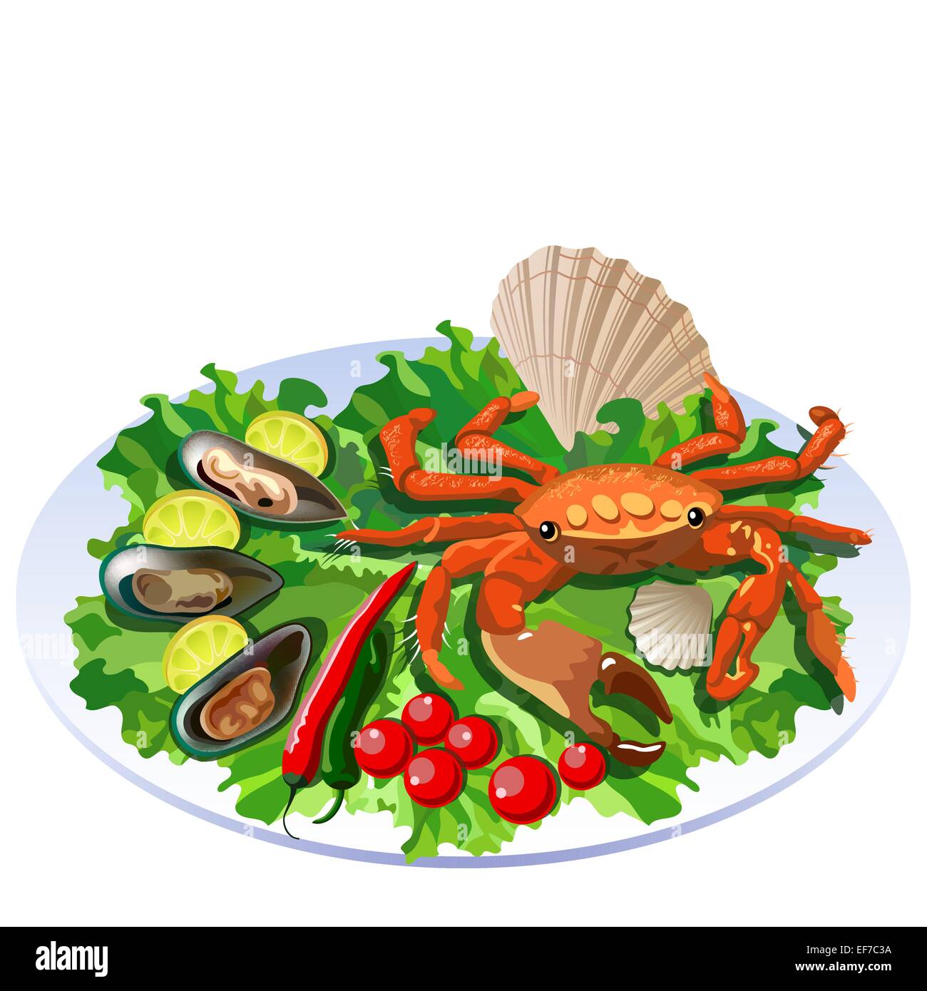 Crab in the dish with salad, tomatos and molluscs with lemon slices Stock Vector