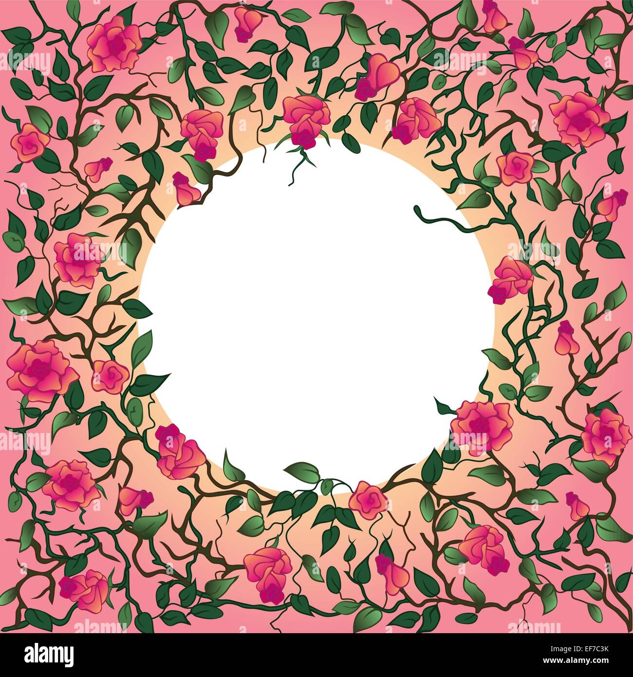 The text in the white circle framed with branches with roses and leaves on a pink background Stock Vector