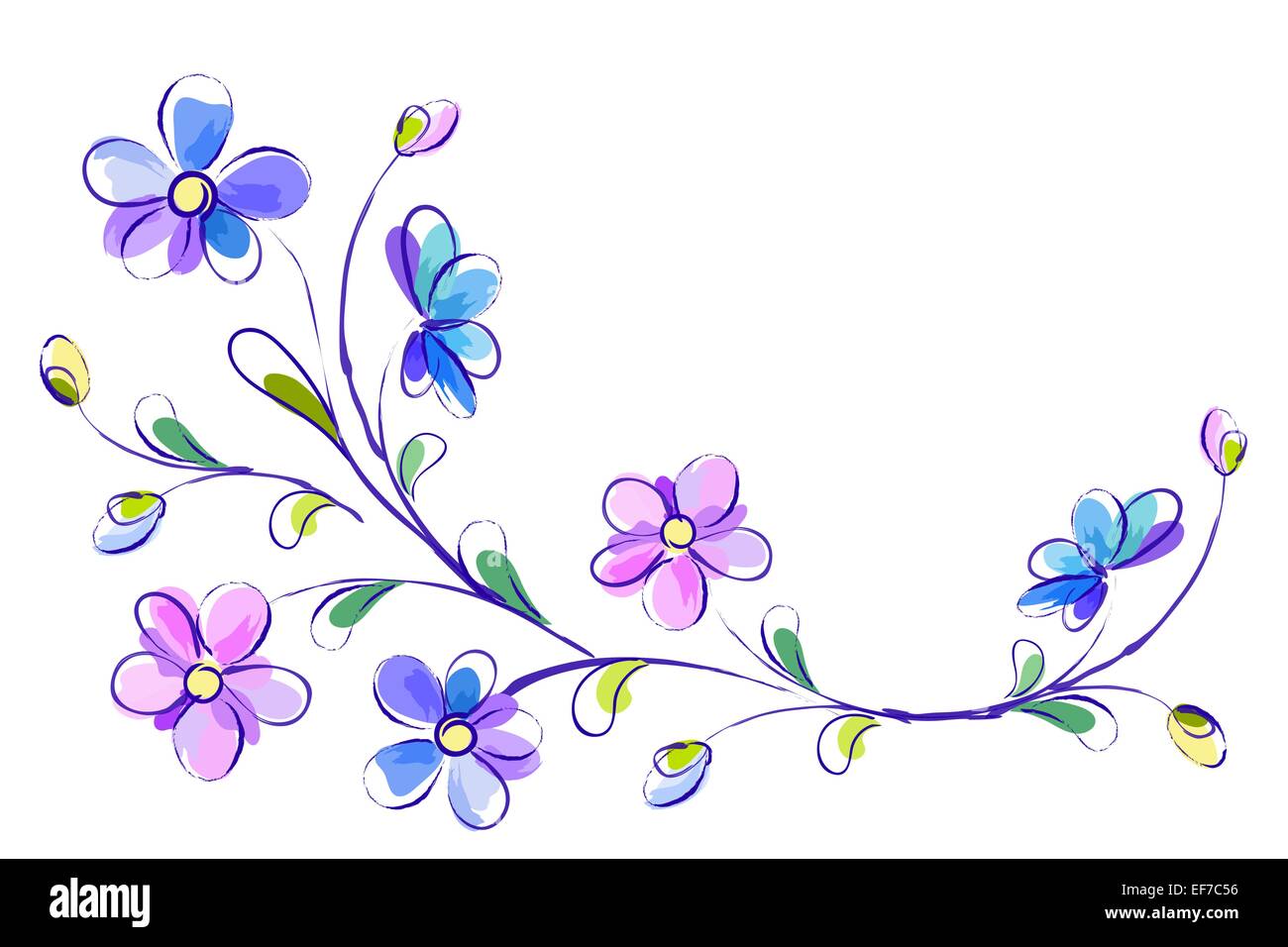 White greeting horizontal background with pictorial blue and violet branch of flowers Stock Vector