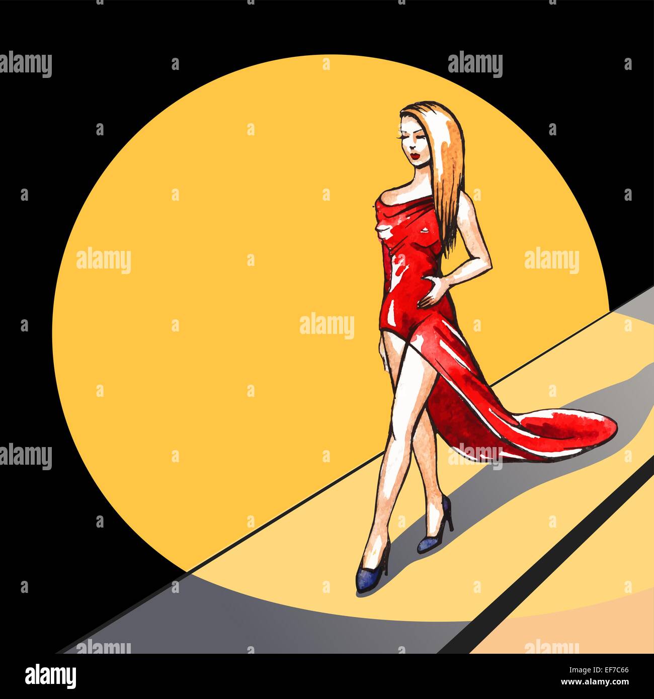Beautiful woman model walking on the runway, shows the red dress with train Stock Vector