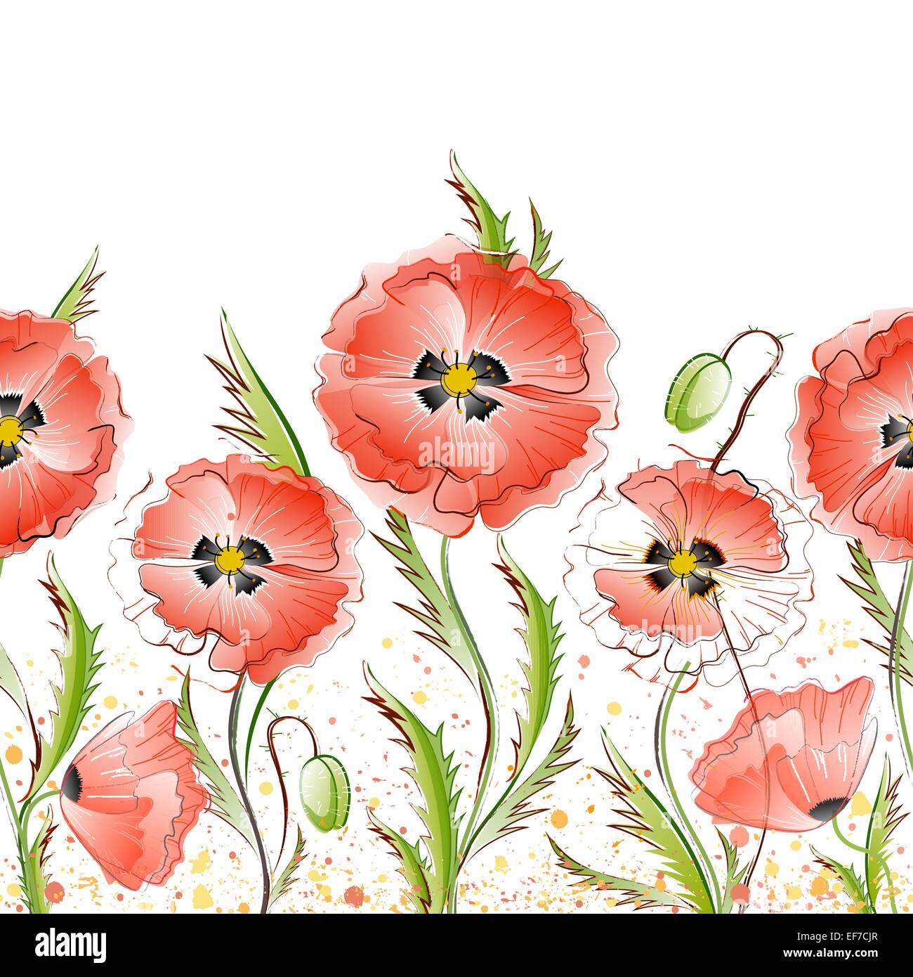 Vector seamless pattern with red gentle poppy flowers on the white ...