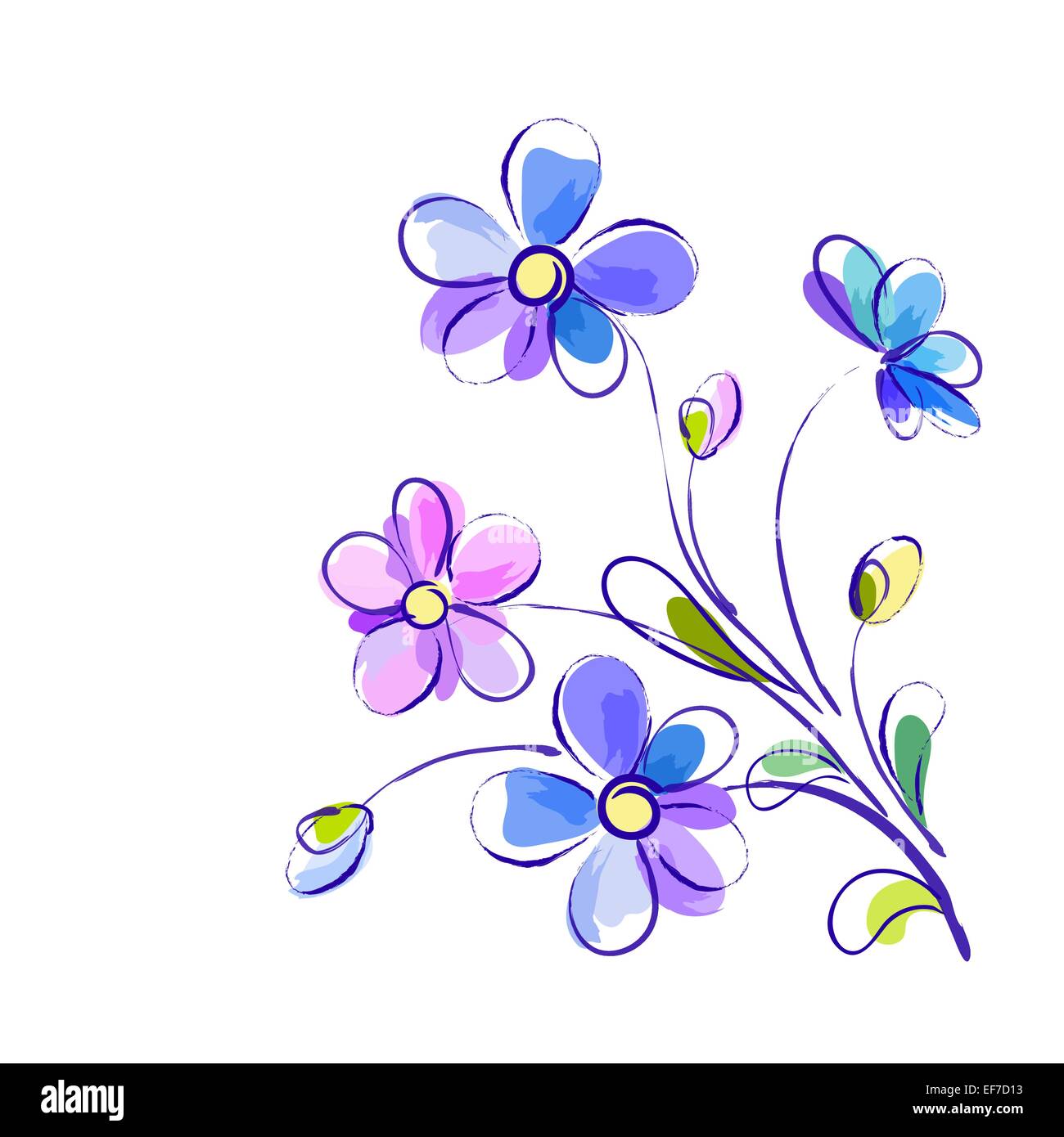Vector white greeting background with pictorial blue and violet flowers Stock Vector