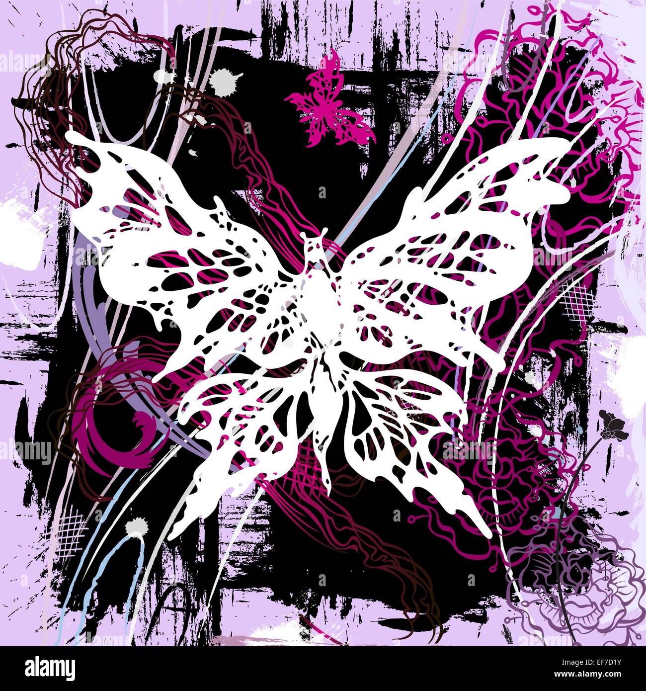 Vector pictorial grunge background with white and pink butterflies and ...