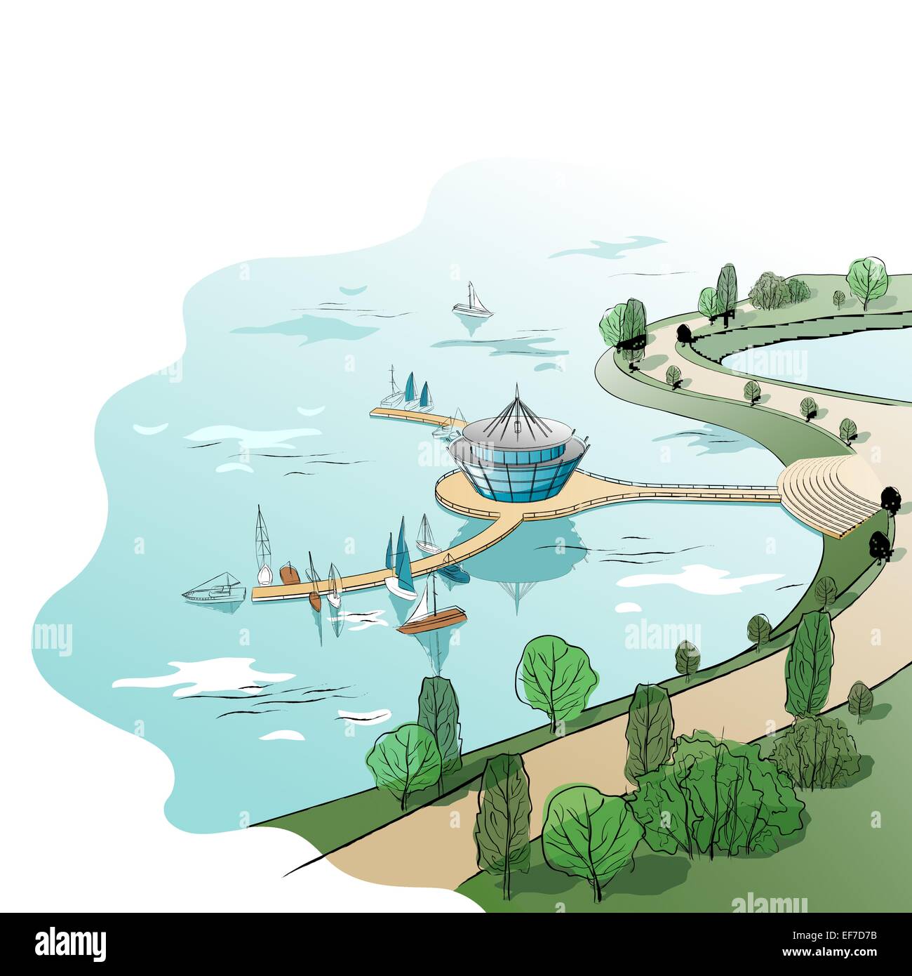 Vector architectural colored landscape with modern building with quay ...