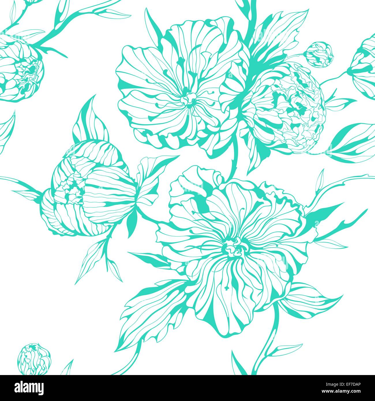 Vector turquoise seamless background with gentle peony flowers Stock ...