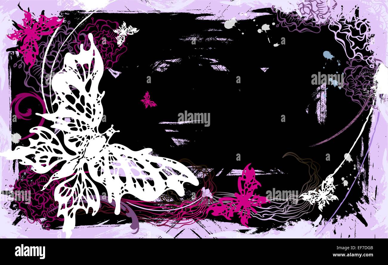 Vector pictorial grunge background with white and pink butterflies and ...