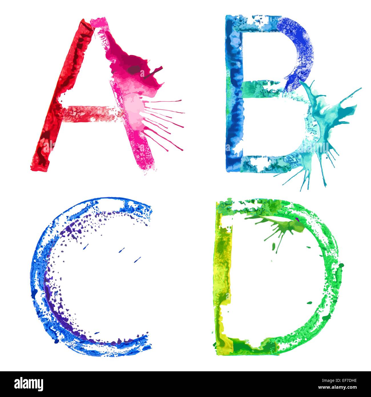 Colorful paint splash alphabet letters A,B,C,D - Stock Illustration Stock Vector