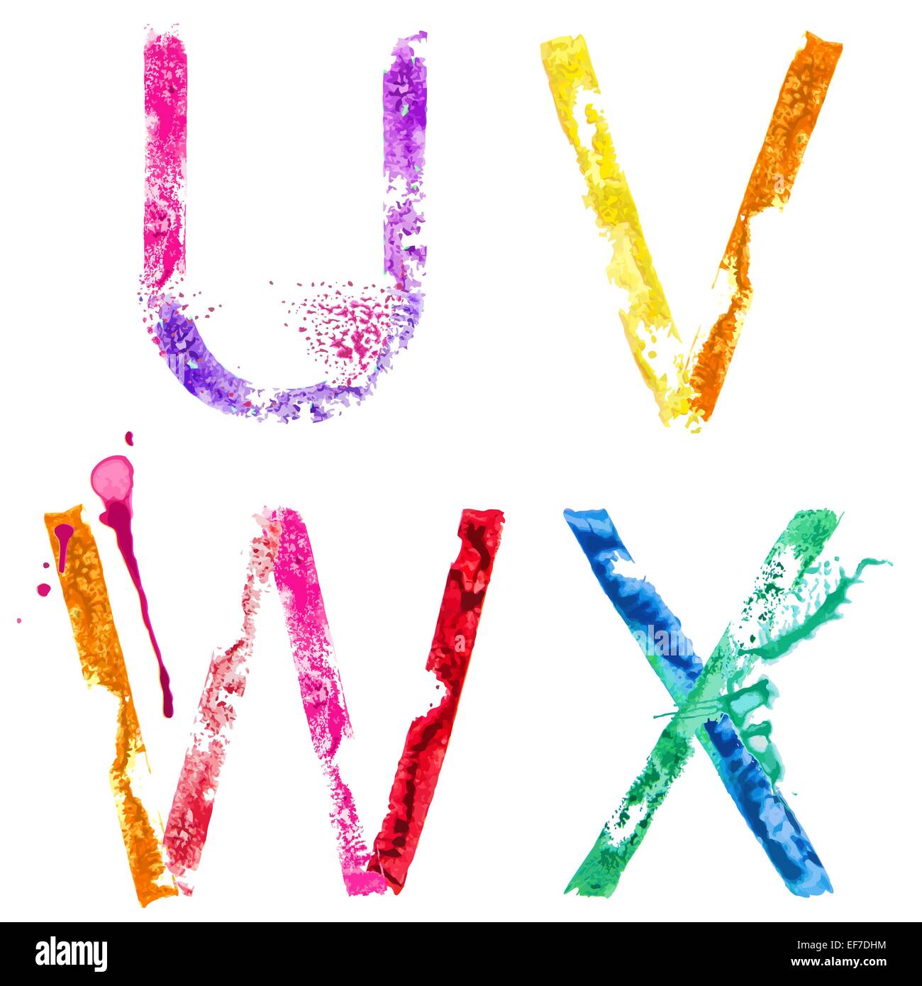 Colorful paint splash alphabet letters U,V,W,X - Stock Illustration Stock Vector