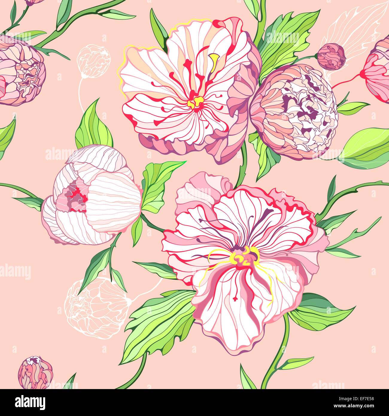 Vector colored seamless background with gentle pink and white peony ...