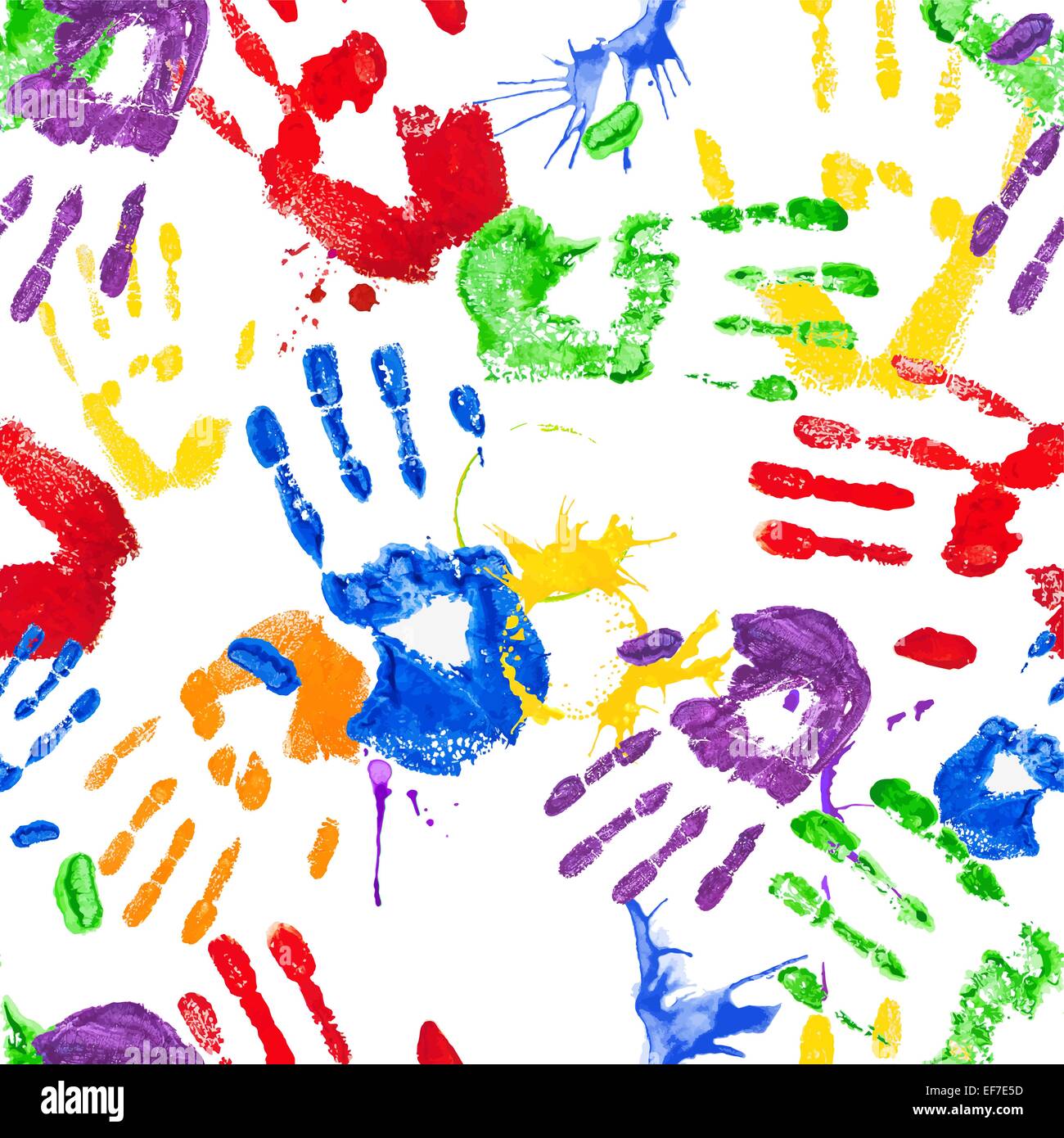 Vector seamless pattern with bright multicolored paint handprints Stock Vector