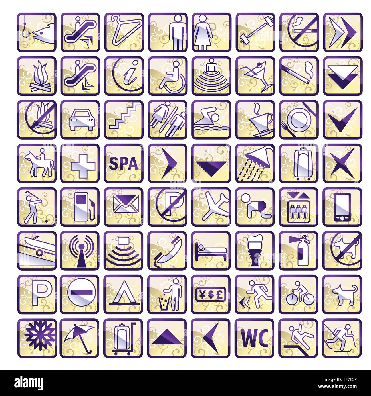 Vector set of 64 stylish glossy hotel icons in beige and violet colors. Stock Vector