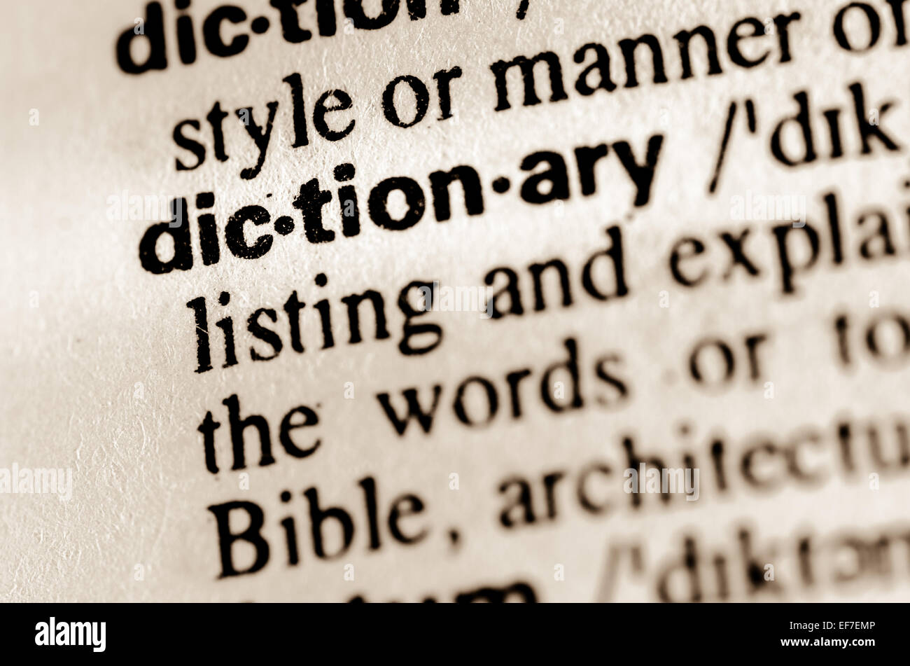 macro of word dictionary definition in dictionary Stock Photo