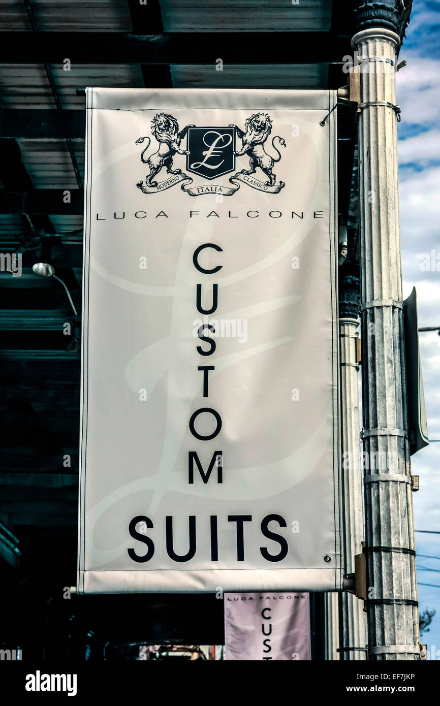 Luca Falcone hand tailored mens suits store overhead sign in New