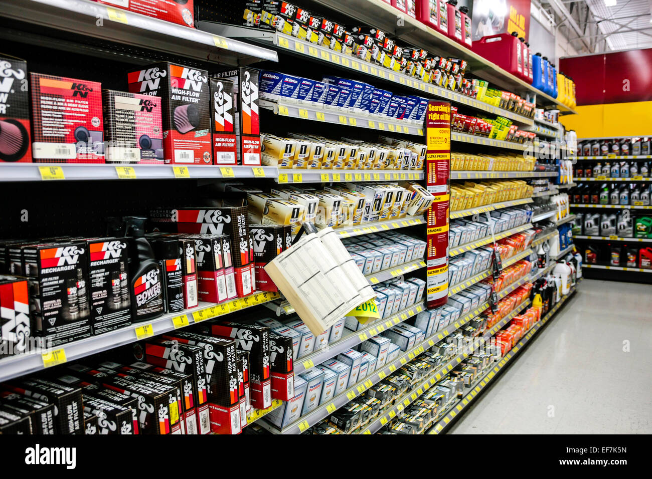 A wide range of air and oil filters for sale in an auto parts shop Stock Photo