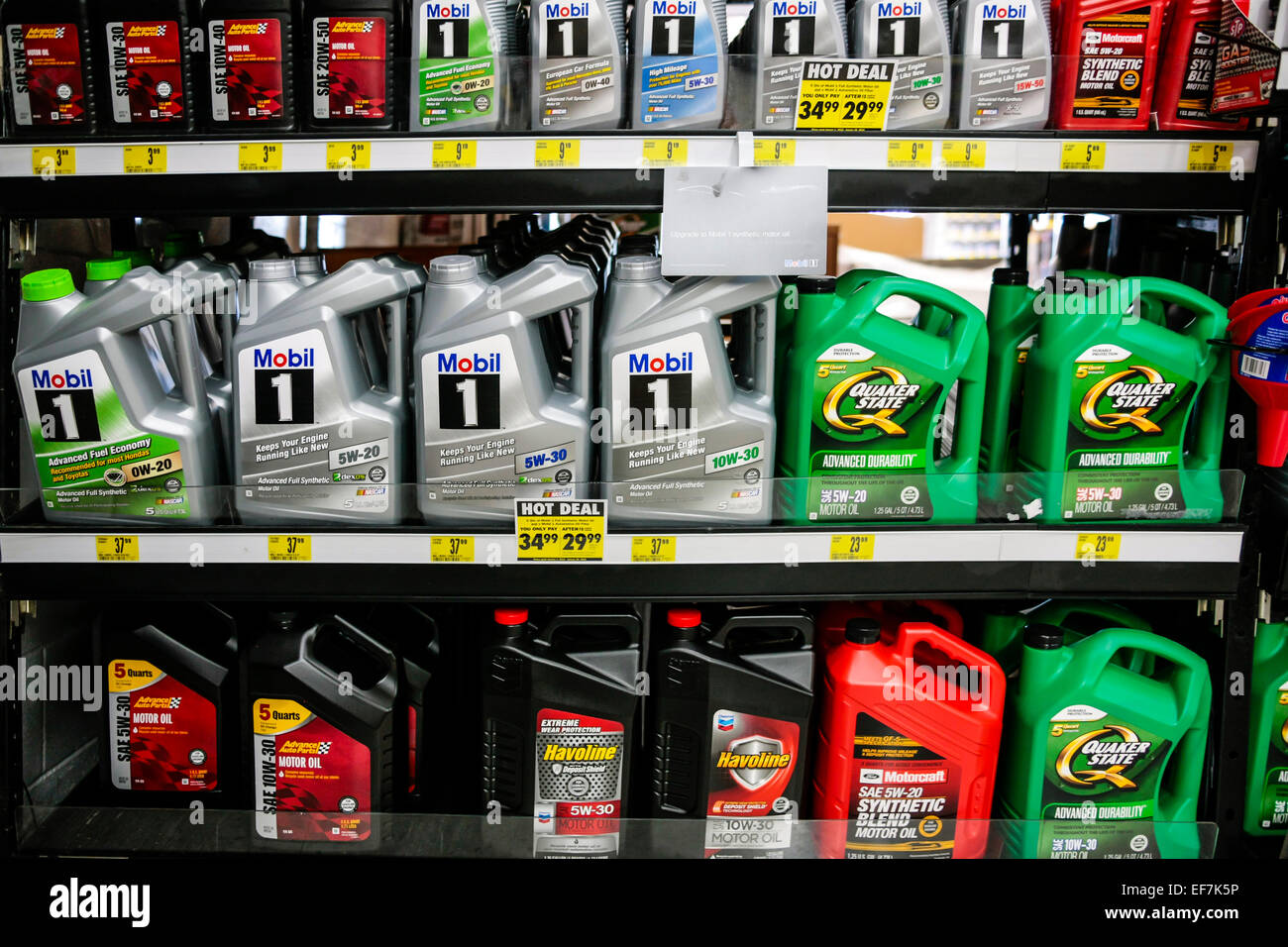 A wide range of oil products for sale in an auto parts shop Stock Photo
