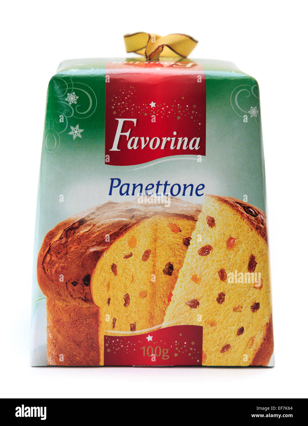 Boxed Panettone Italian Christmas fruit bread cake by Favorina cut out and isolated on a white background Stock Photo