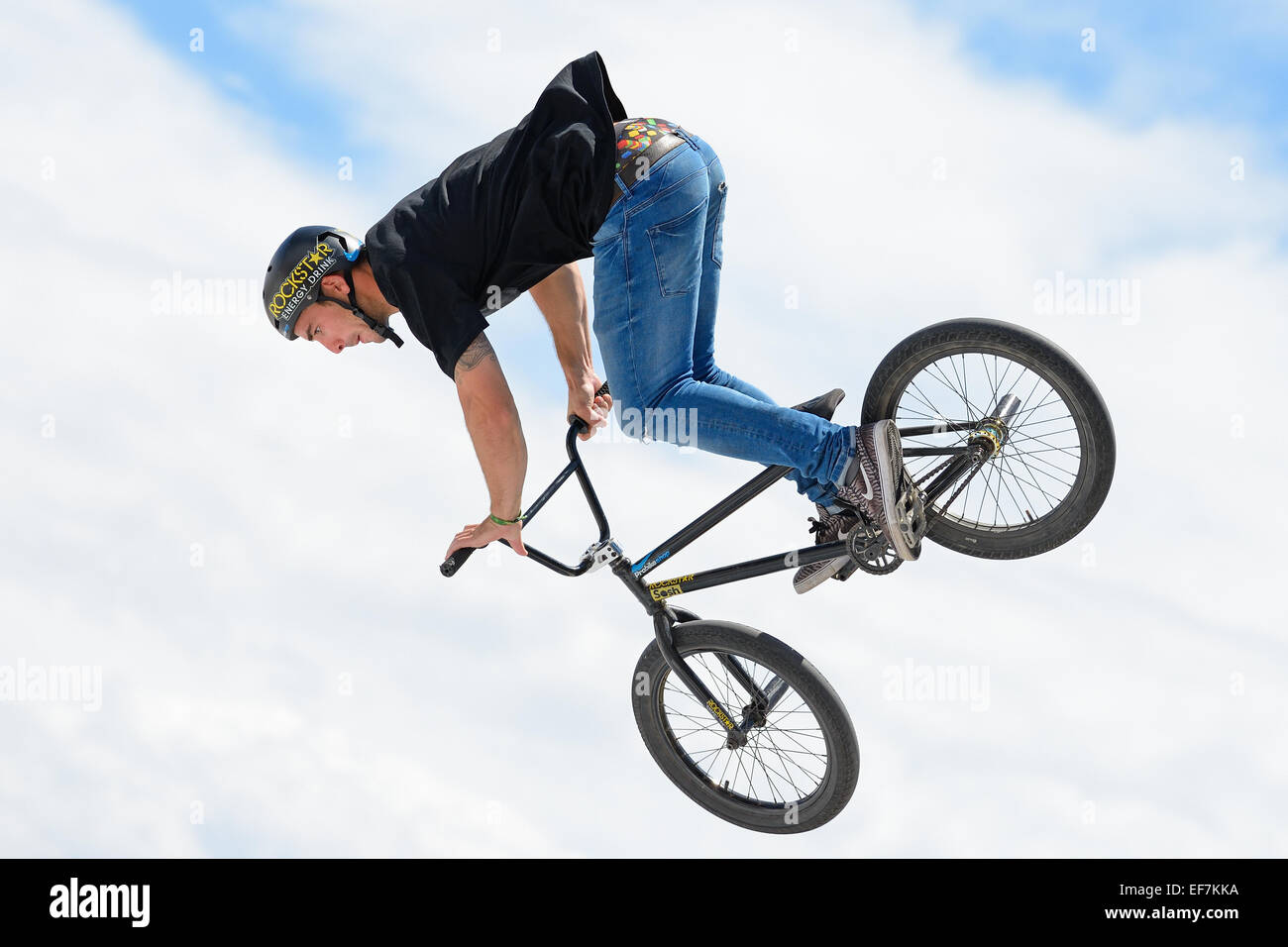 BARCELONA - JUN 28: A professional rider at the MTB (Mountain Biking) competition on the Dirt Track at LKXA Extreme Sports. Stock Photo