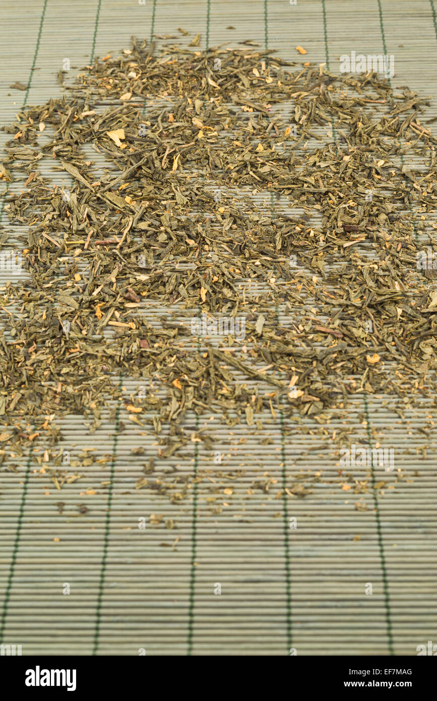 Green tea over bamboo mat Stock Photo - Alamy