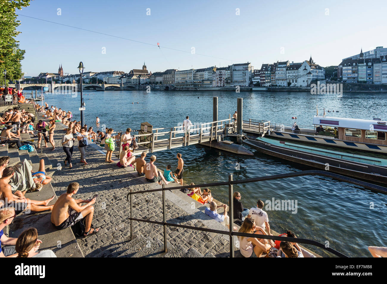 Rhine River in Summer, Middle Bridge, Ferry, Basel, Switzerland Stock Photo
