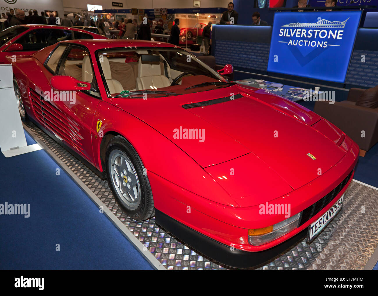 A three-quarter view of a Ferrari Testarossa, on  display at the London Classic Car show Stock Photo