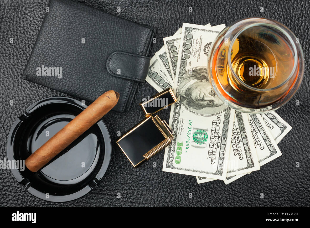Cigar, ashtray, lighter, money, purse, glass on genuine leather, can be