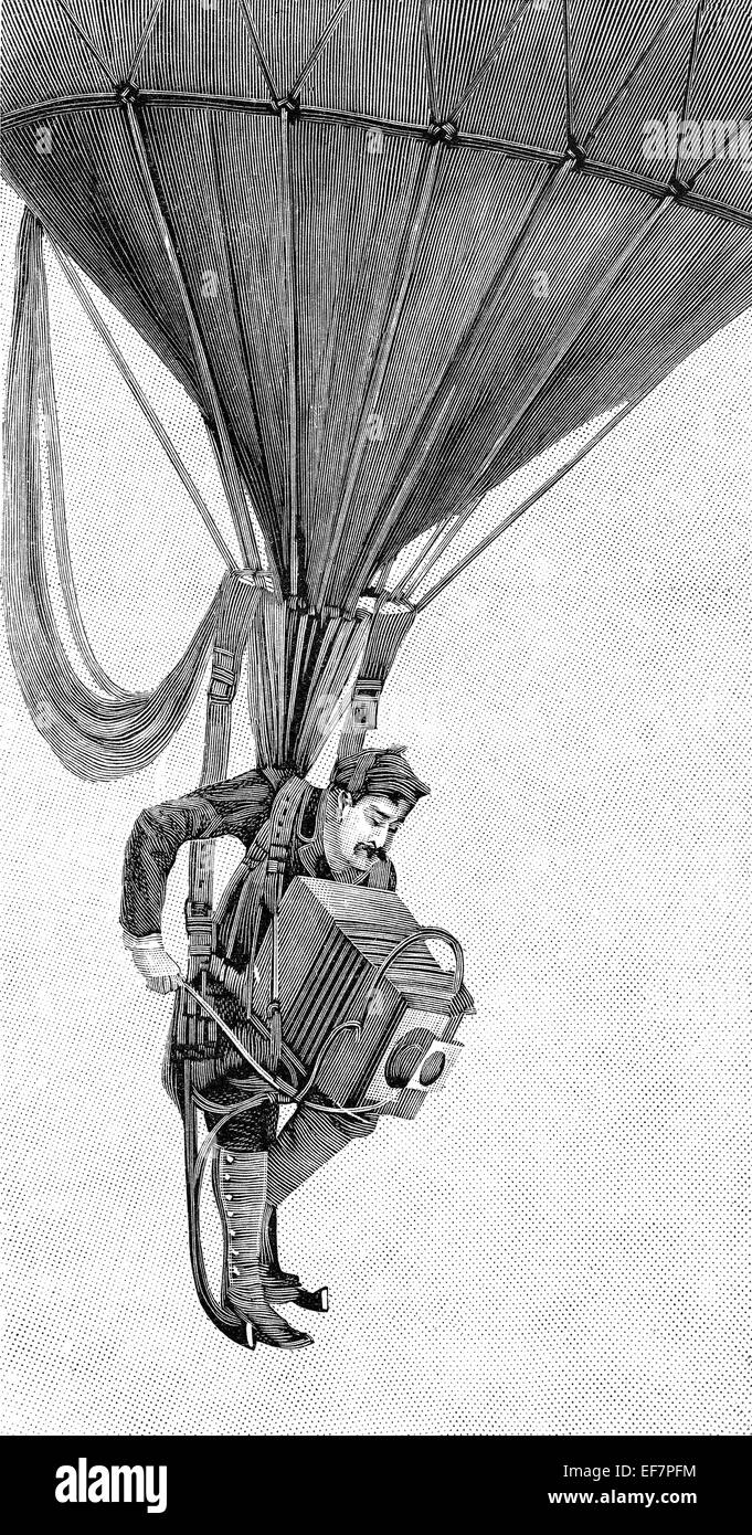 A Japanese war photographer hanging from a gas balloon, about 1900, Stock Photo