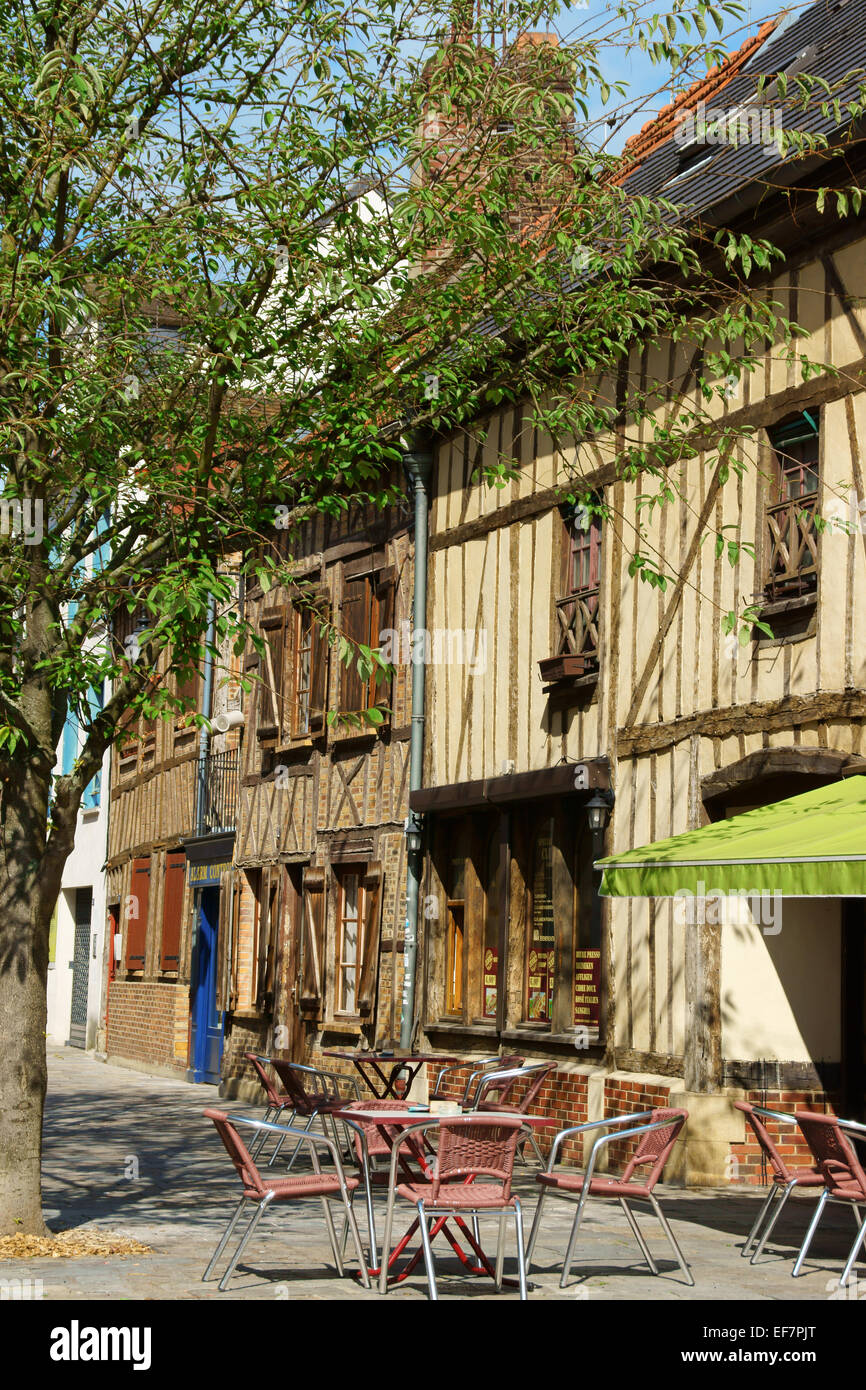 Beauvais, France - August 12, 2013: old downtown quarter in Beauvais, France. Glimpse of a street with some half-timbered houses Stock Photo