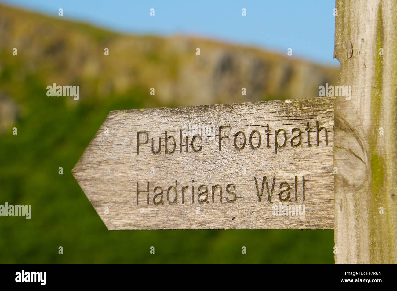 Finger sign post of public footpath on Hadrian’s Wall National Trail, Northumberland, England, UK. Stock Photo