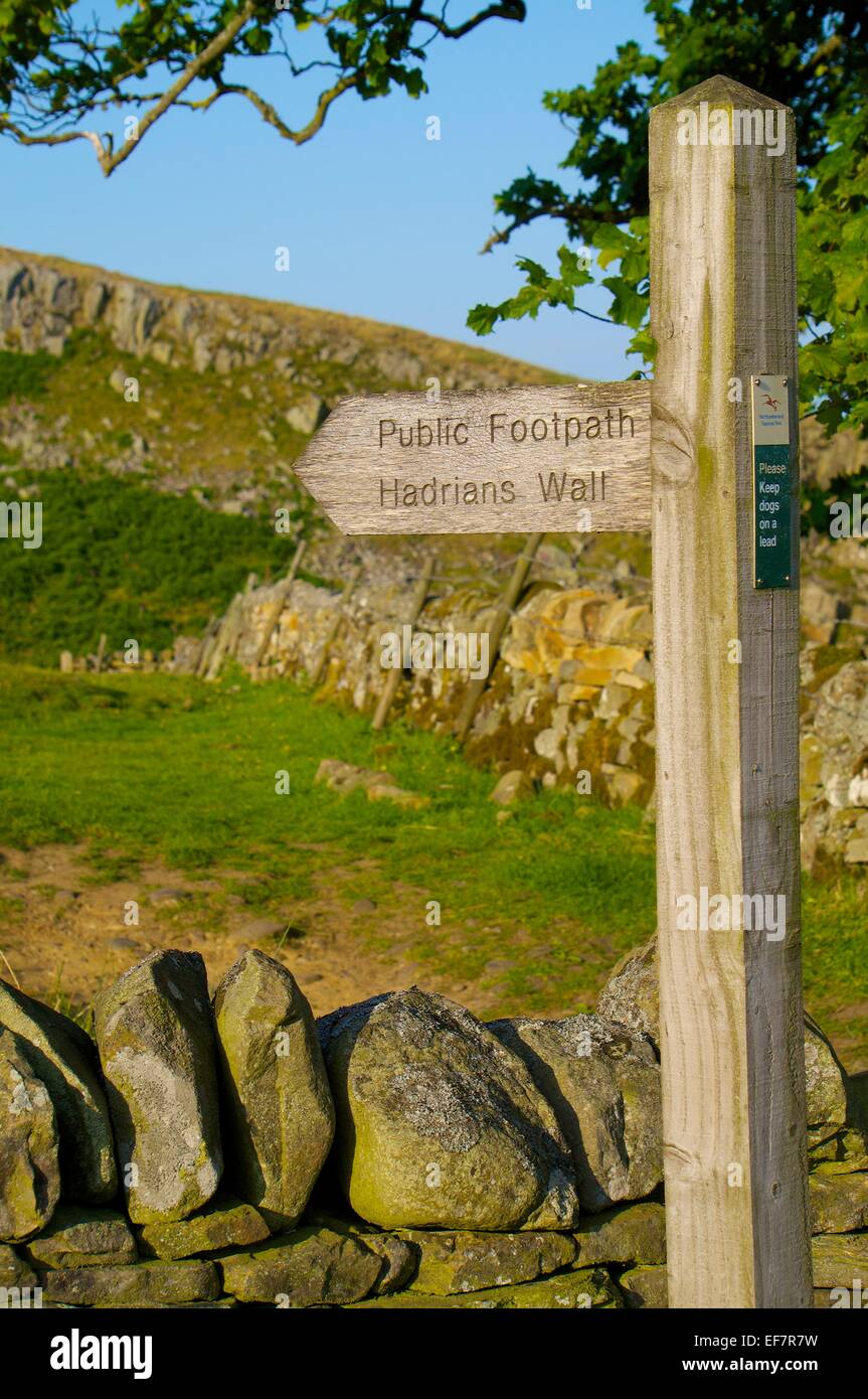 Finger sign post of public footpath on Hadrian’s Wall National Trail Northumberland England UK. Stock Photo