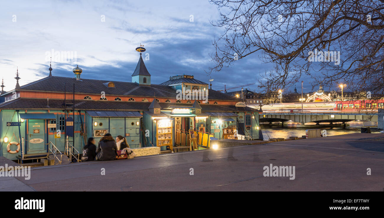 Herzbaracke Boat Theater at Zurich lake in Winter, Switzerland Stock