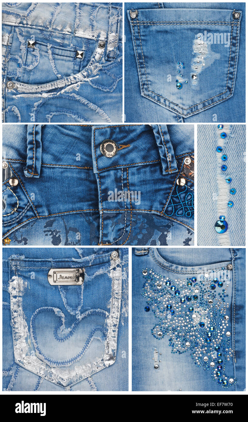Fashion light blue jeans pockets, jeans, rivets, rhinestones Stock
