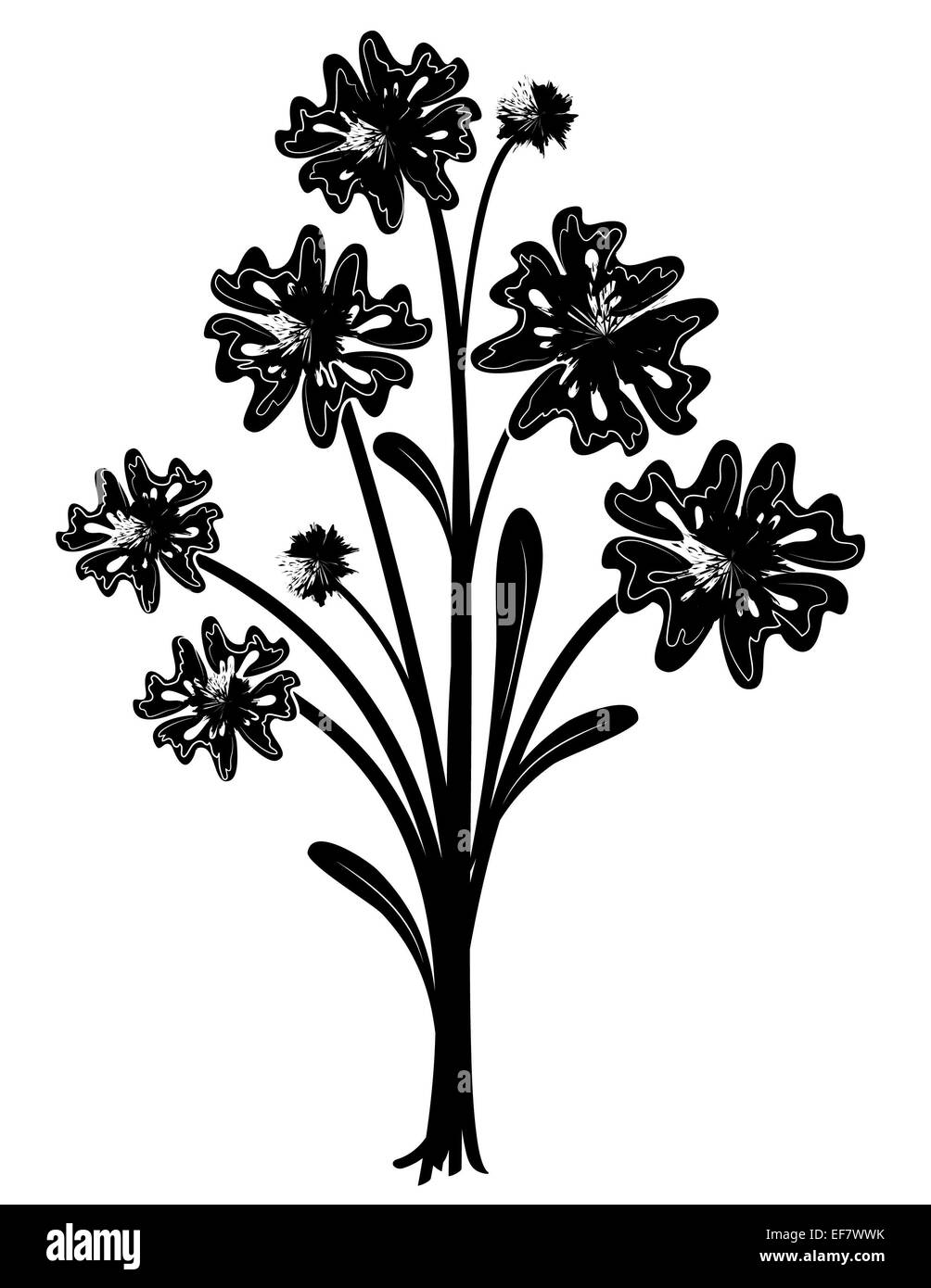 Black and white illustration of a bouquet of eight flowers with playful leaves ready to put in a vase Stock Photo