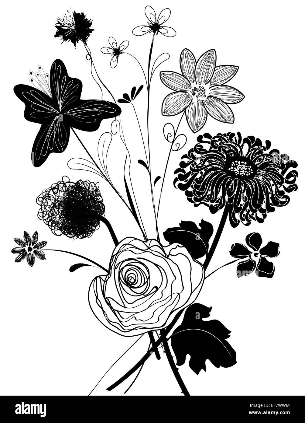 Black and white illustration of a sweet and beautiful bouquet of different flowers to give to that special person Stock Photo