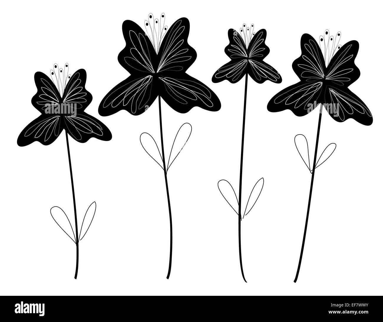 Black and white illustration four delicate flowers for decorative purposes and romantic themes Stock Photo