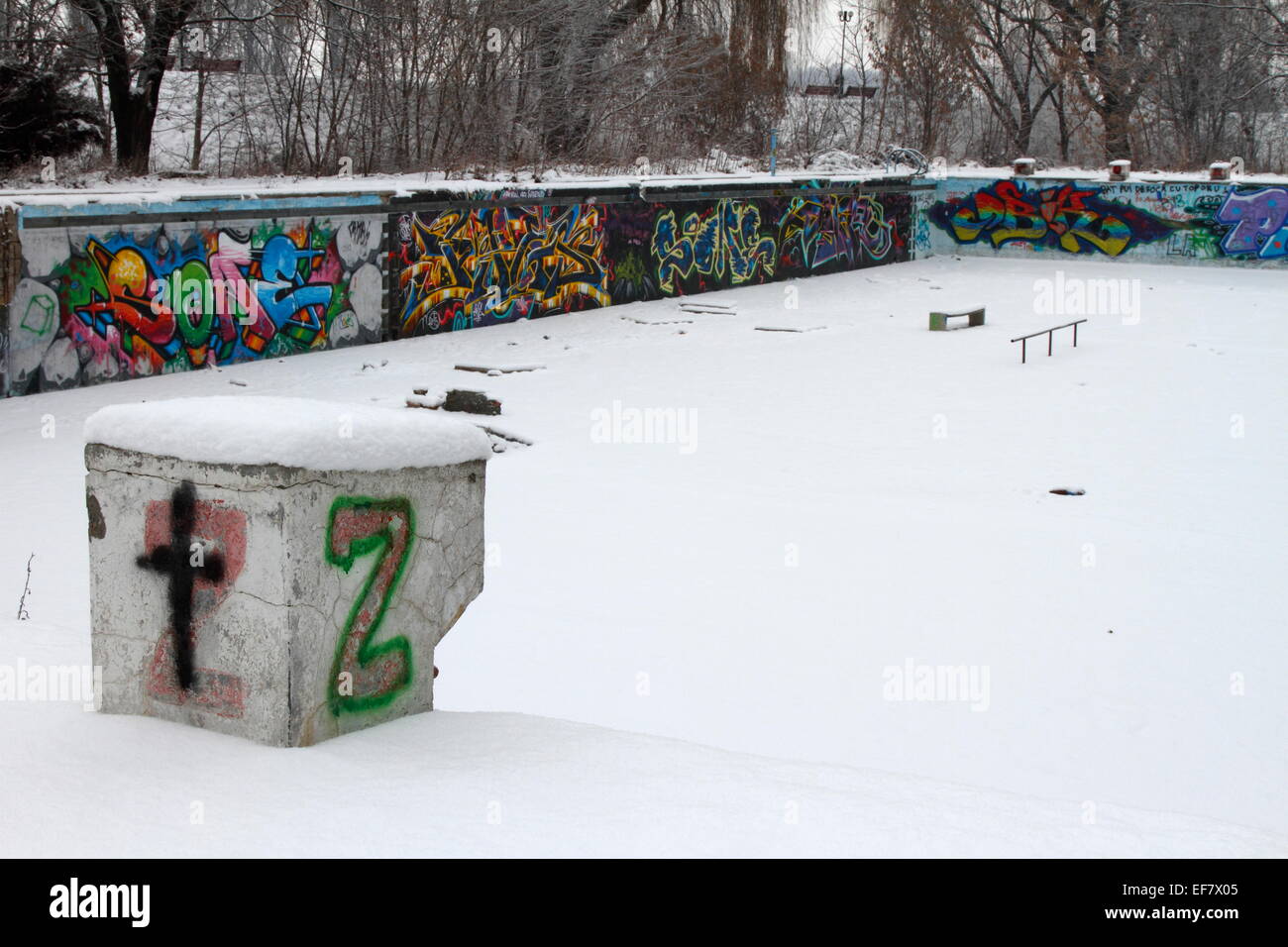Snow-covered derelict swimming pool in Tirgu Mures, Transylvania, Romania Stock Photo