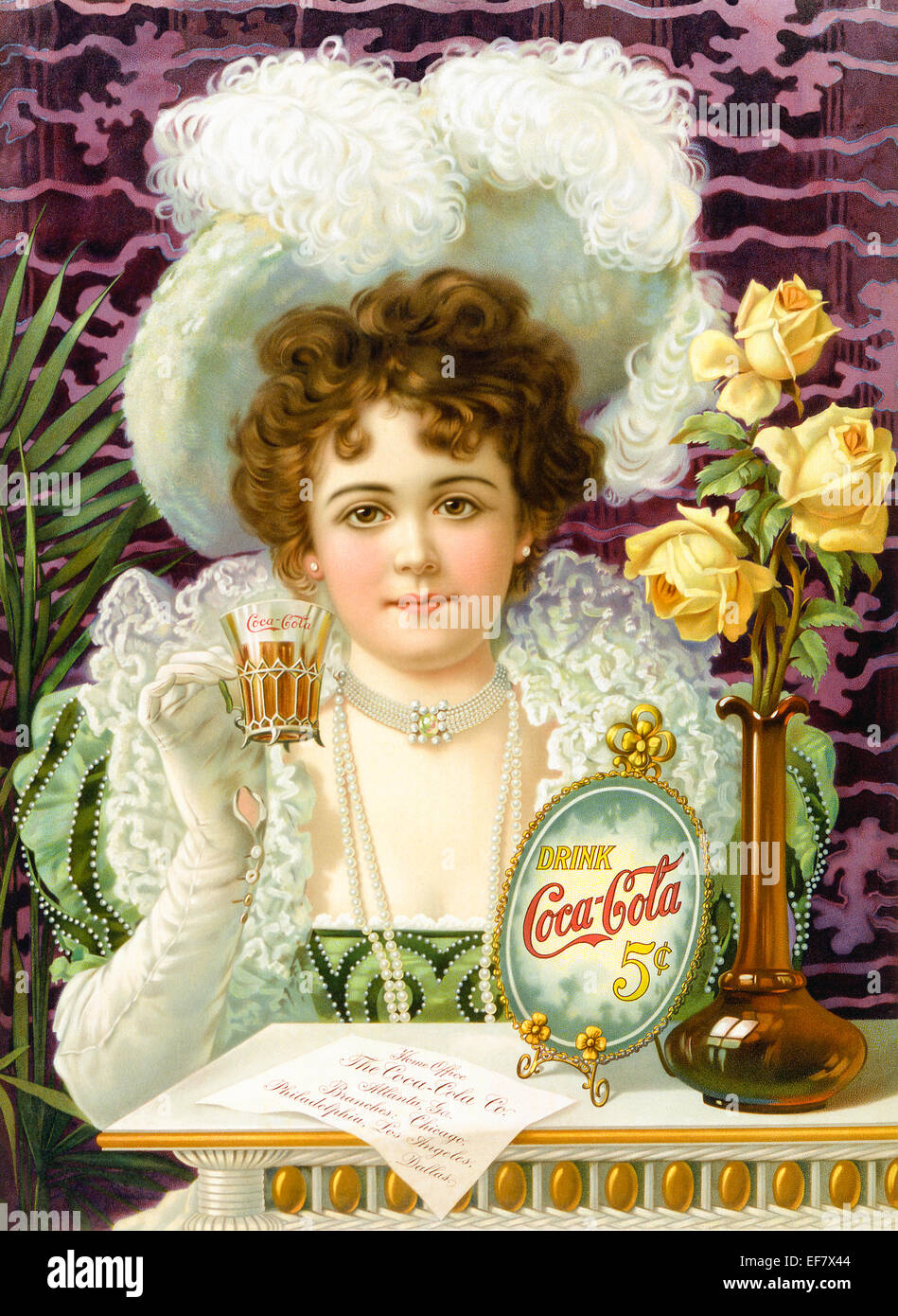 'Drink Coca-Cola 5¢' 1899 Coca-Cola advertisement featuring Hilda Clark (1872-1932) who appeared in various adverts between 1899-1903. At the time Coca-Cola contained cocaine (coca) as well as caffeine from kola nuts. See description for more information. Stock Photo