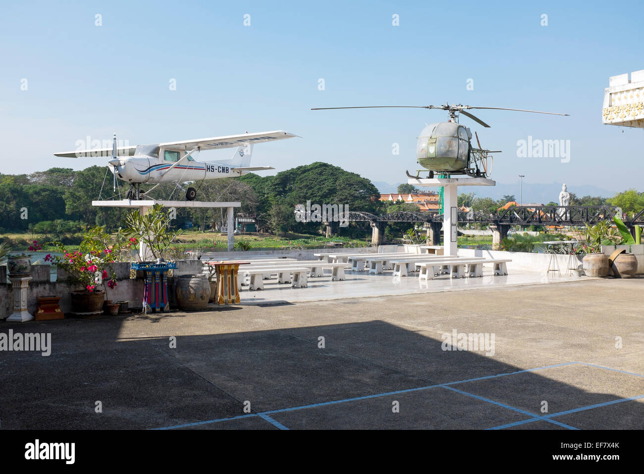 Airplane and Helicopter on Display at War Museum in Kanchanaburi Thailand Stock Photo