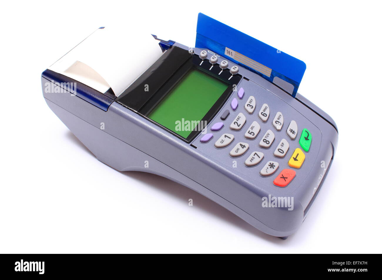 Payment terminal with credit card on white background, credit card ...