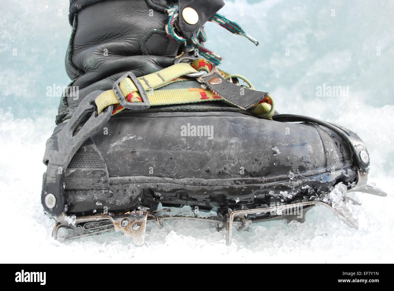 Crampon and boot in the ice at Franz Josef Glacier ,New Zealand Stock Photo
